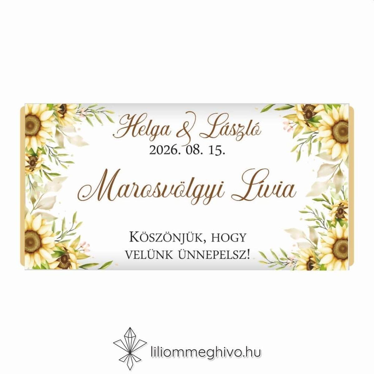 Napraforgó csokor esküvői csokoládé vendégajándék sárga virágos grafikával, ültetőkártya funkcióval