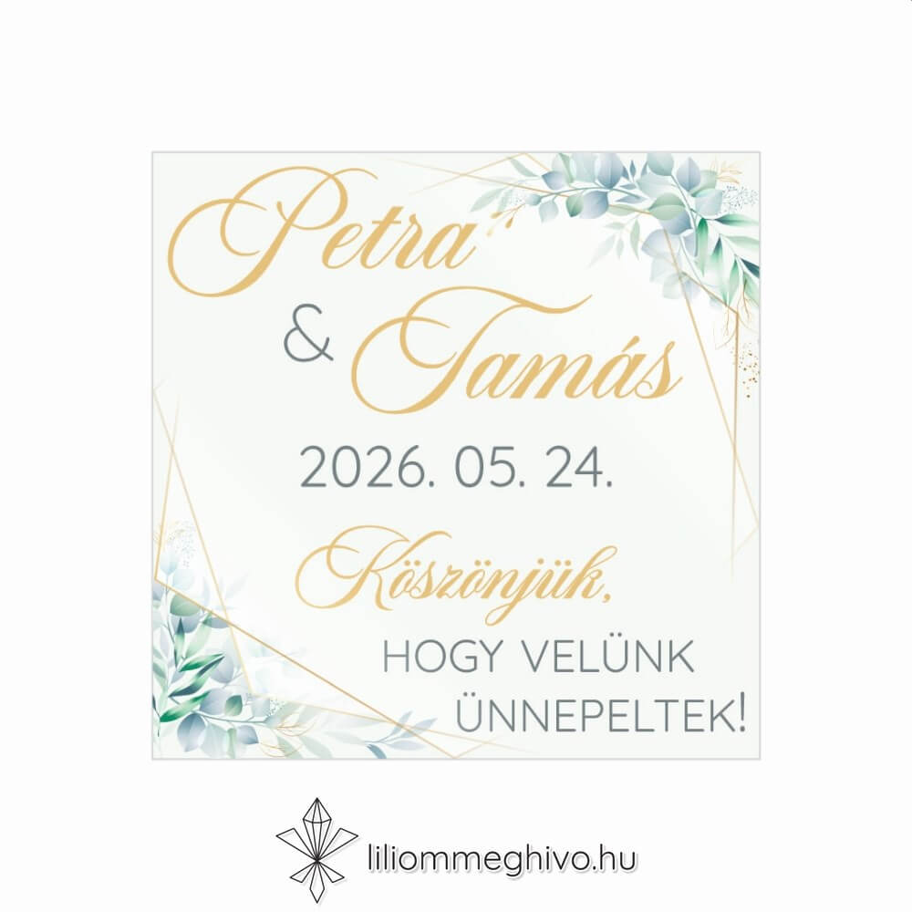 Eukaliptusz esküvői hűtőmágnes arany és greenery grafikával