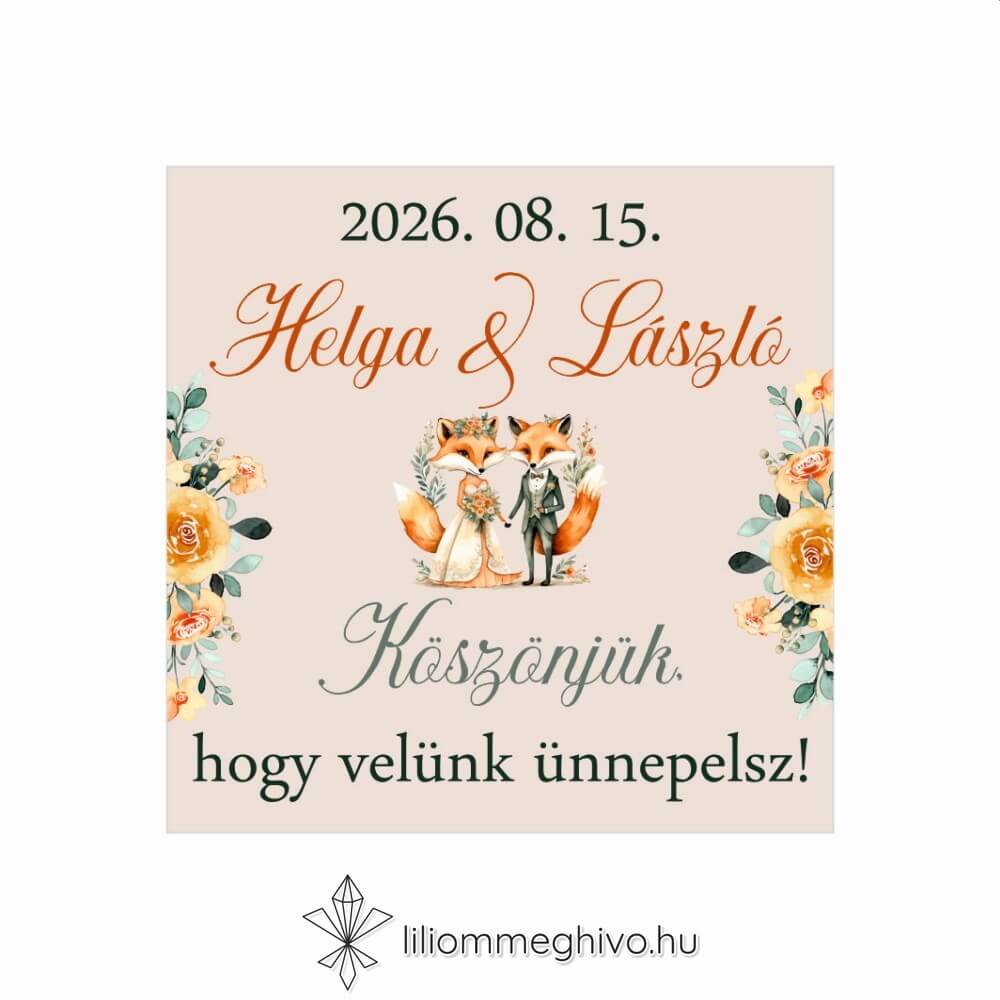 Rókapár esküvői hűtőmágnes festett virágos és rókás grafikával