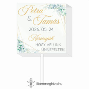Eukaliptusz esküvői nyalóka köszönetajándék arany és greenery grafikával
