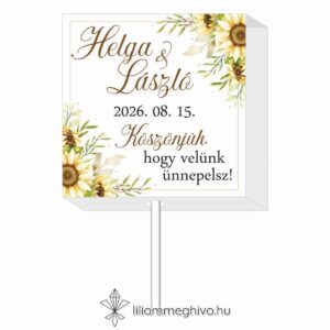 Napraforgó csokor esküvői nyalóka vendégajándék sárga virágos grafikával