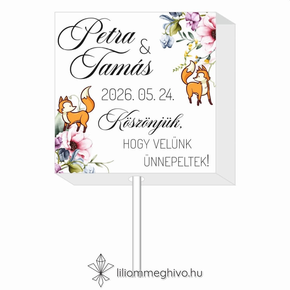 Róka esküvői nyalóka köszönetajándék virágos és rókás grafikával
