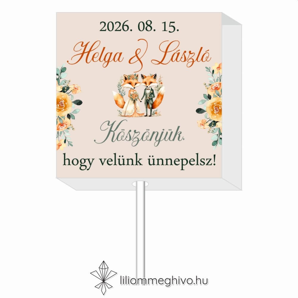 Rókapár esküvői nyalóka köszönetajándék festett virágos és rókás grafikával