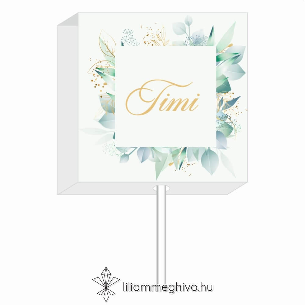 Eukaliptusz esküvői nyalóka köszönetajándék arany és greenery grafikával, ültetőkártya funkcióval