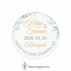 Eukaliptusz esküvői matrica arany és greenery grafikával, kör alakú