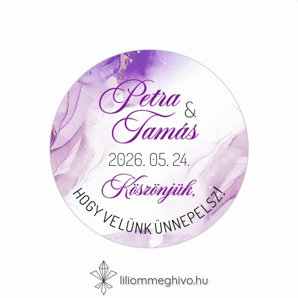 Lila köd esküvői matrica lila vízfesték grafikával, kör alakú