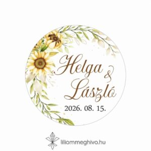 Napraforgó csokor esküvői matrica sárga virágos grafikával, kör alakú