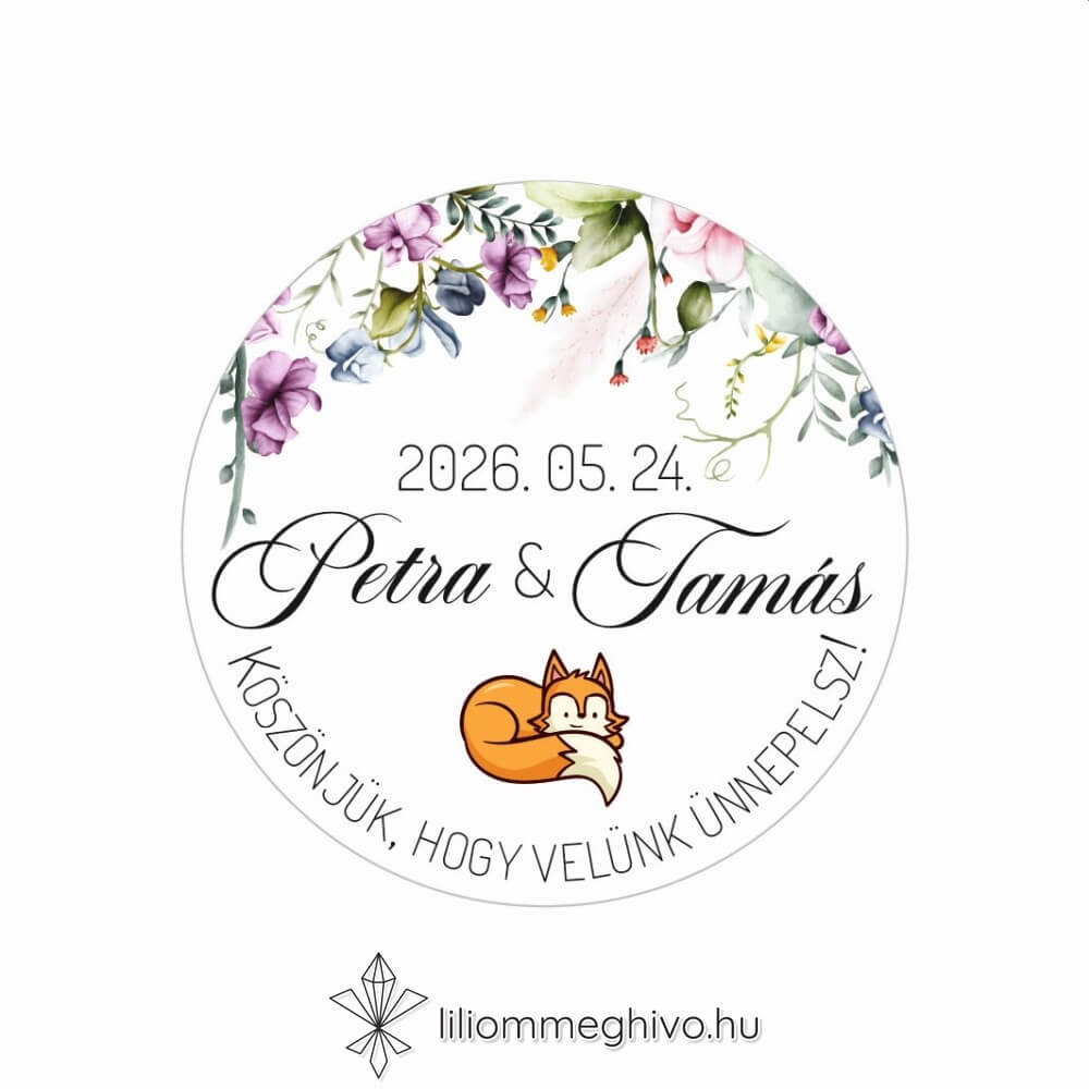 Róka esküvői matrica virágos és rókás grafikával, kör alakú