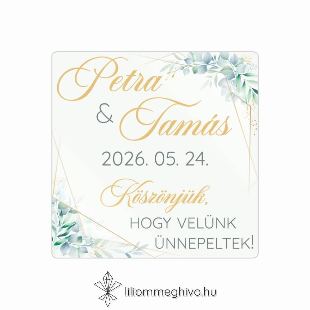 Eukaliptusz esküvői matrica arany és greenery grafikával, négyzet alakú