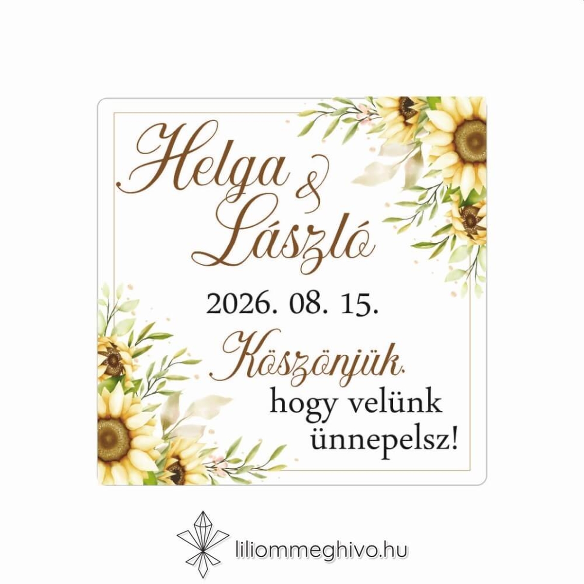Napraforgó csokor esküvői matrica sárga virágos grafikával, négyzet alakú