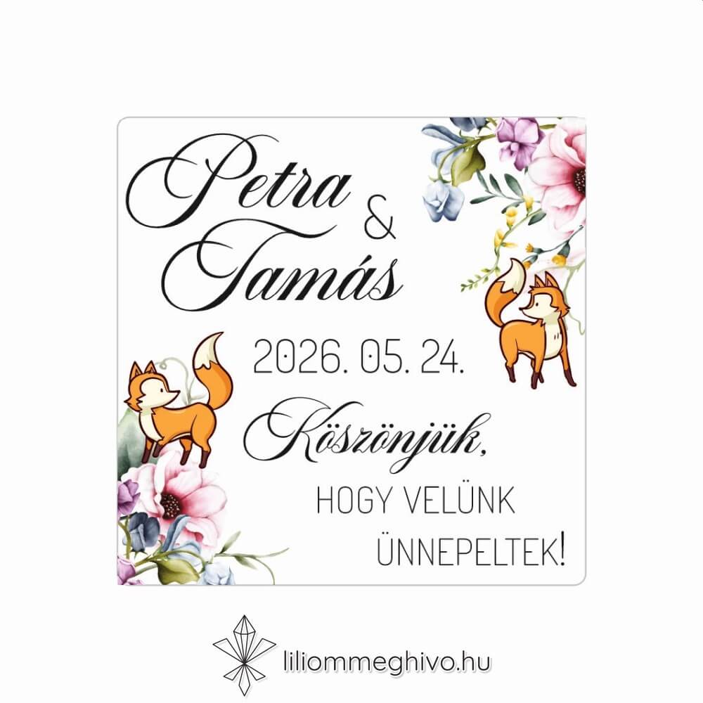 eskuvoi-matrica-negyzet-roka-liliommeghivo Róka esküvői matrica virágos és rókás grafikával, négyzet alakú