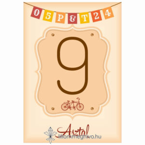 Két keréken esküvői asztalszám retro hangulatú grafikák egyoldalas