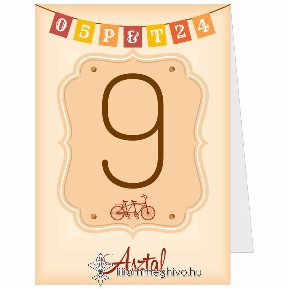 Két keréken esküvői asztalszám retro hangulatú grafikák kétoldalas