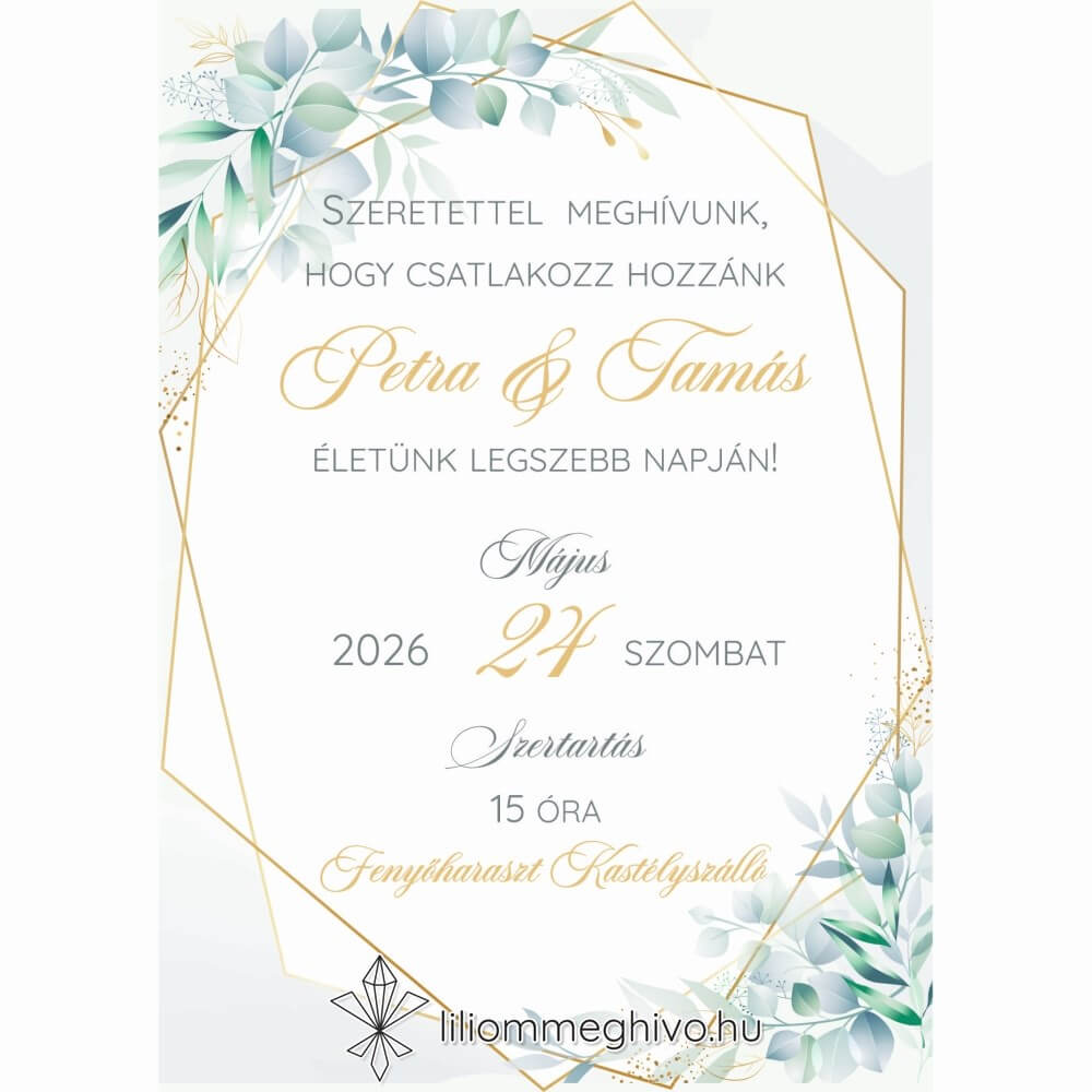 Eukaliptusz esküvői meghívó arany és greenery grafikával, egyoldalas