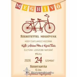 Két keréken esküvői meghívó, retro biciklis grafikával egyoldalas