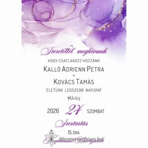 Lila köd esküvői meghívó lila vízfesték grafikával, egyoldalas