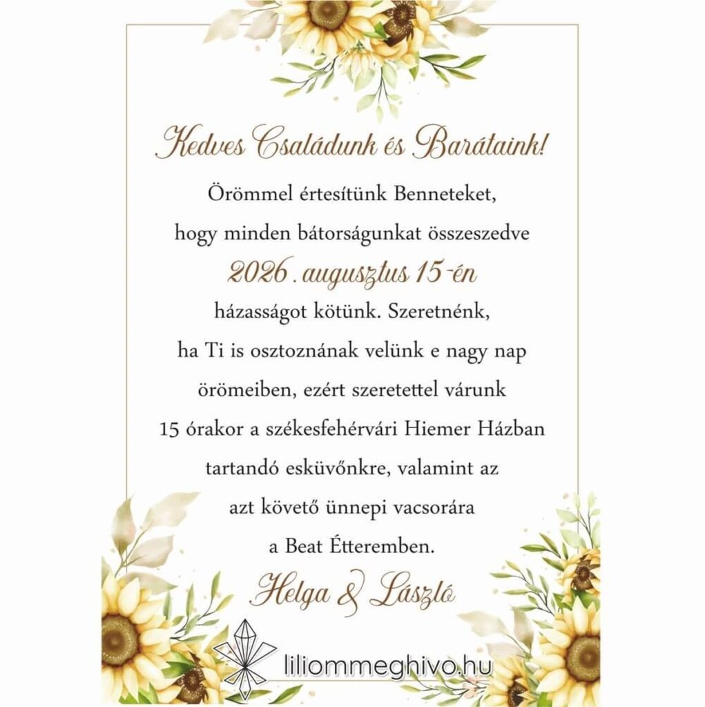 Napraforgó csokor esküvői meghívó sárga virágos grafikával, egyoldalas