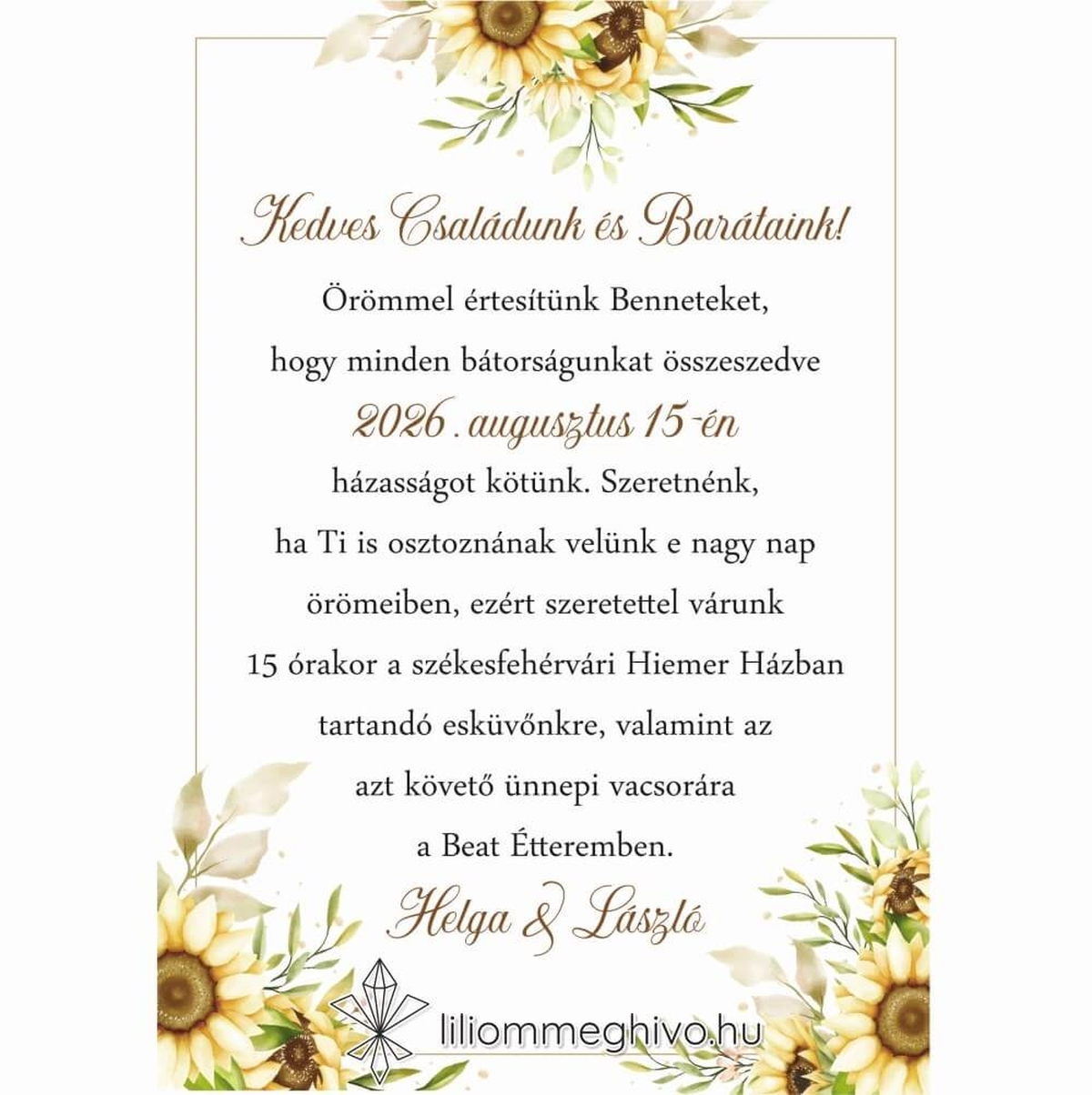 Napraforgó csokor esküvői meghívó sárga virágos grafikával, egyoldalas