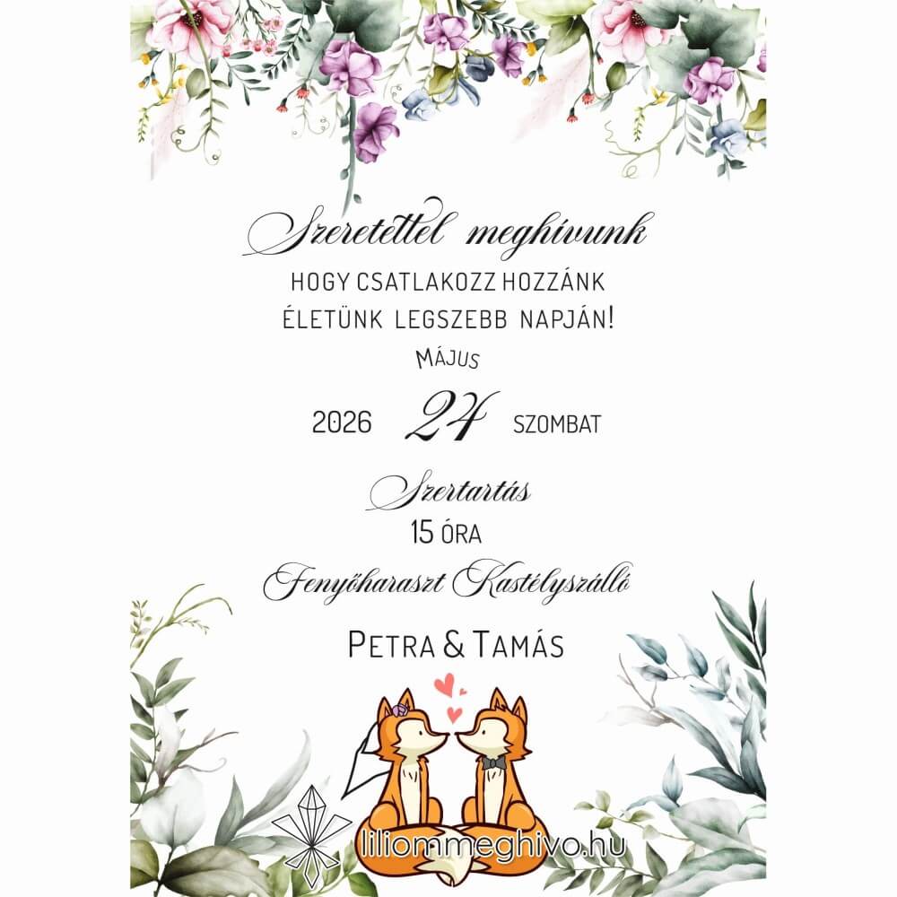Róka esküvői meghívó virágos és rókás grafikával, egyoldalas