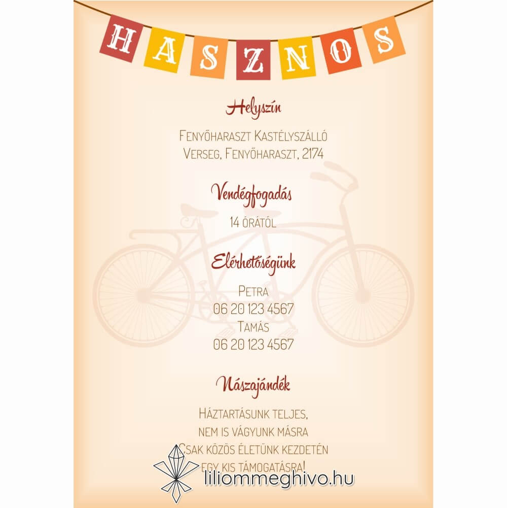 Két keréken esküvői infókártya retro biciklis grafikával