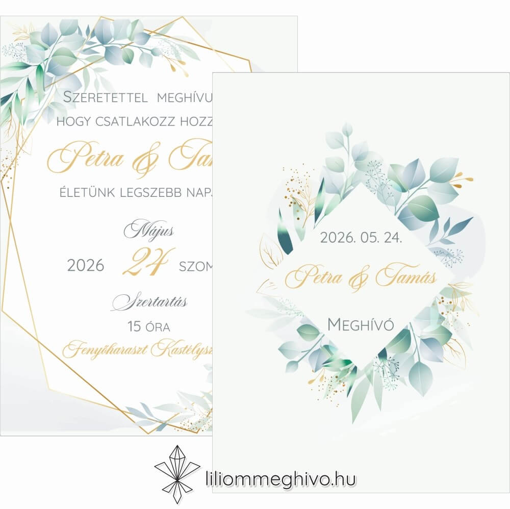 Eukaliptusz esküvői meghívó arany és greenery grafikával, kétoldalas