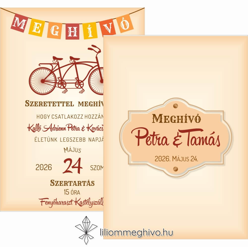 Két keréken esküvői meghívó, retro biciklis grafikával kétoldalas