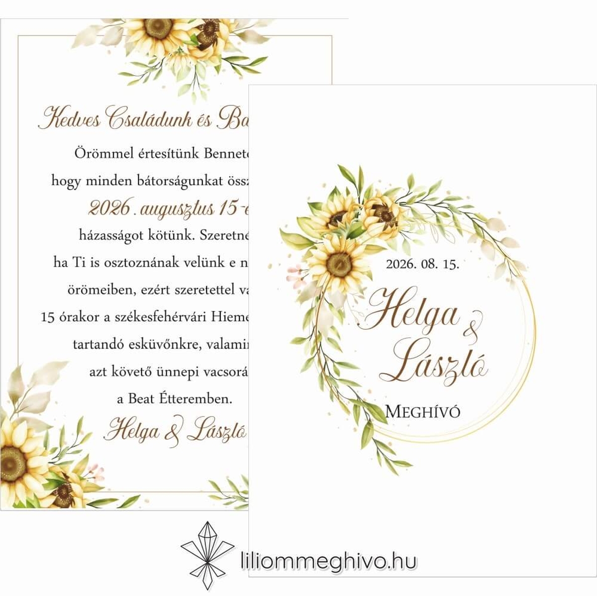 Napraforgó csokor esküvői meghívó sárga virágos grafikával, kétoldalas