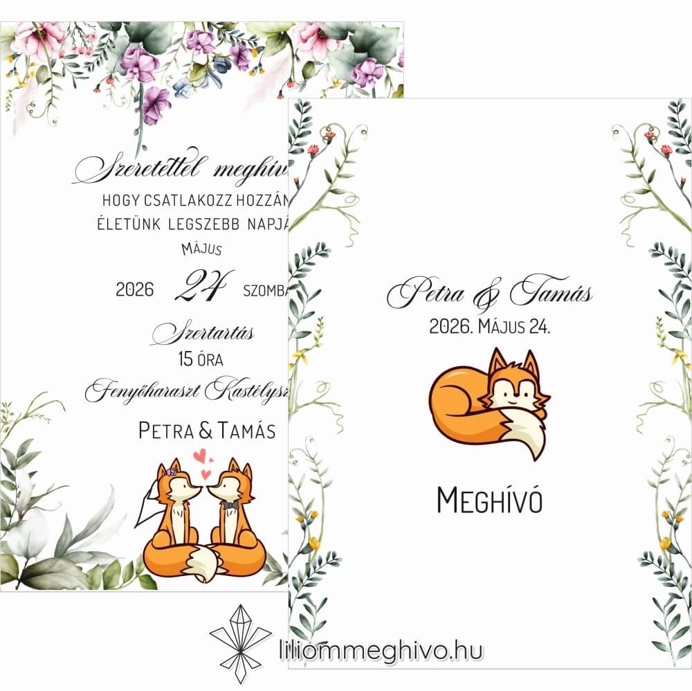 eskuvoi-meghivo-ketoldalas-roka-liliommeghivo Róka esküvői meghívó virágos és rókás grafikával, kétoldalas