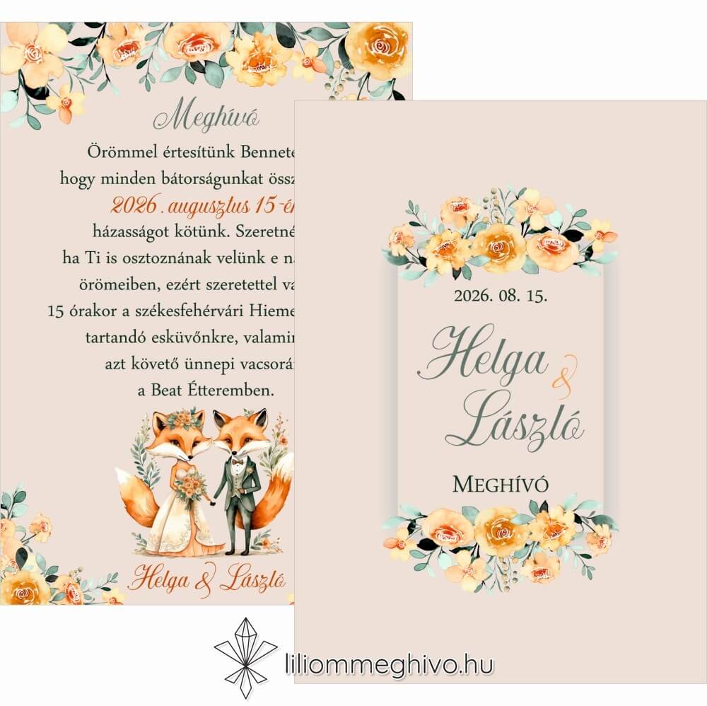 eskuvoi-meghivo-ketoldalas-rokapar-liliommeghivo Róka esküvői meghívó virágos és rókás grafikával, kétoldalas
