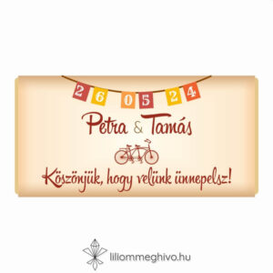 Két keréken esküvői csokoládé vendégajándék retro biciklis grafikával