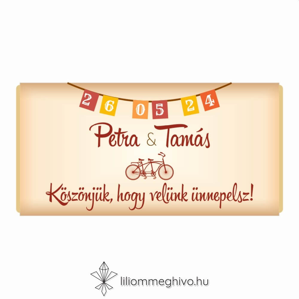 Két keréken esküvői csokoládé vendégajándék retro biciklis grafikával