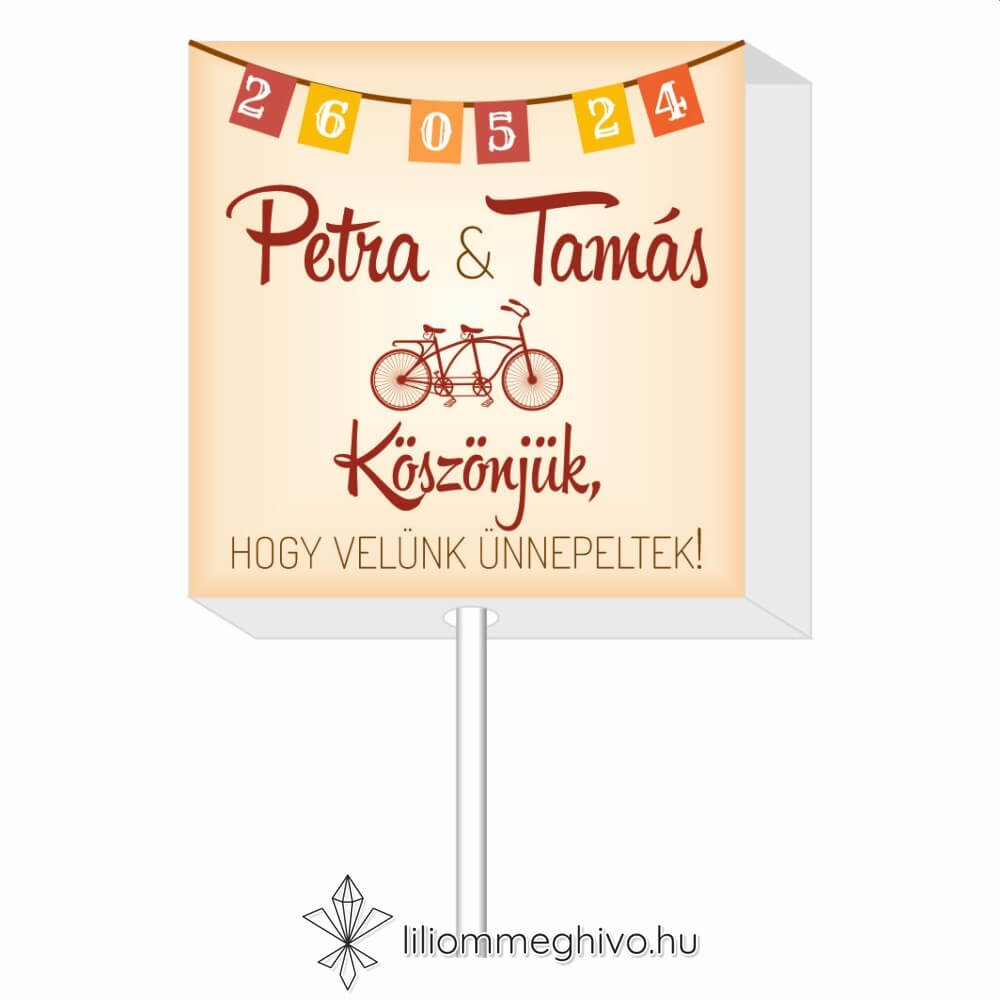 Két keréken esküvői nyalóka köszönetajándék retro biciklis grafikával