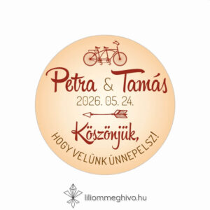 Két keréken esküvői matrica, retro biciklis grafikával, kör alakú