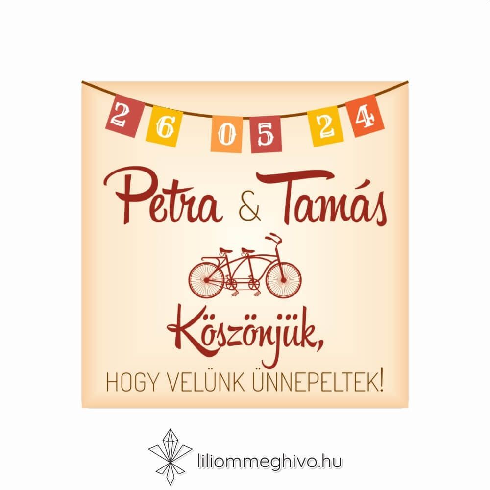 Két keréken esküvői matrica, retro biciklis grafikával, négyzet alakú