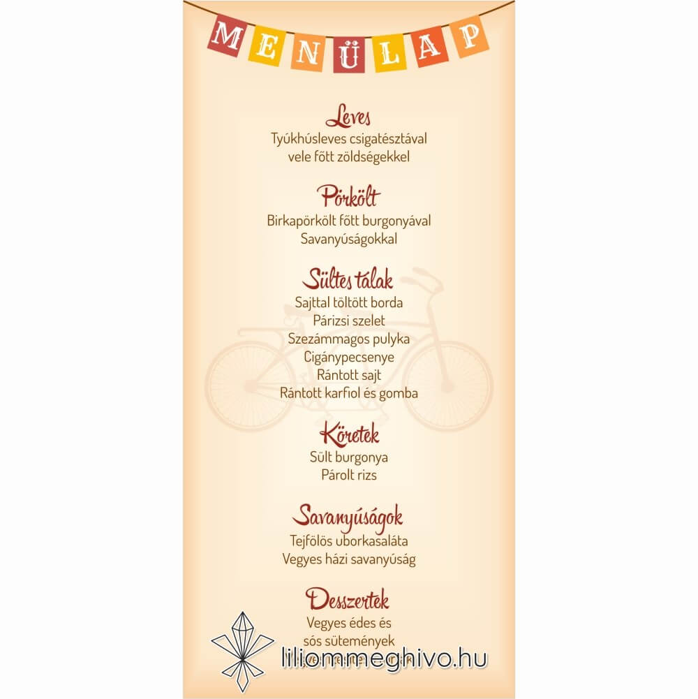 Két keréken esküvői menükártya, retro biciklis grafikával, egyoldalas