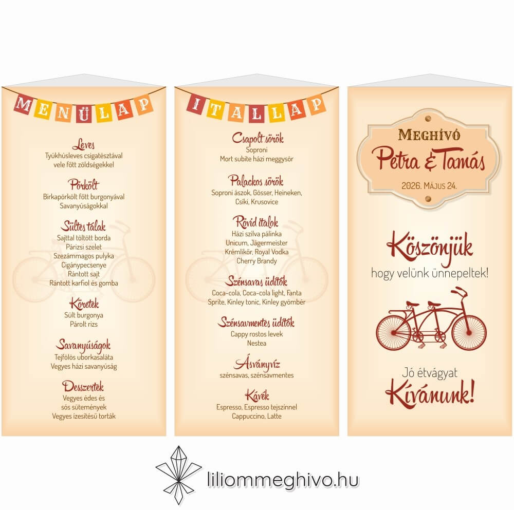 Két keréken esküvői menükártya, retro biciklis grafikával, három oldalas