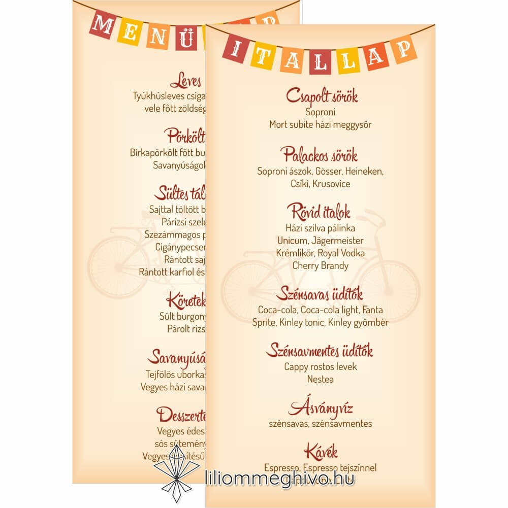 Két keréken esküvői menükártya, retro biciklis grafikával, kétoldalas