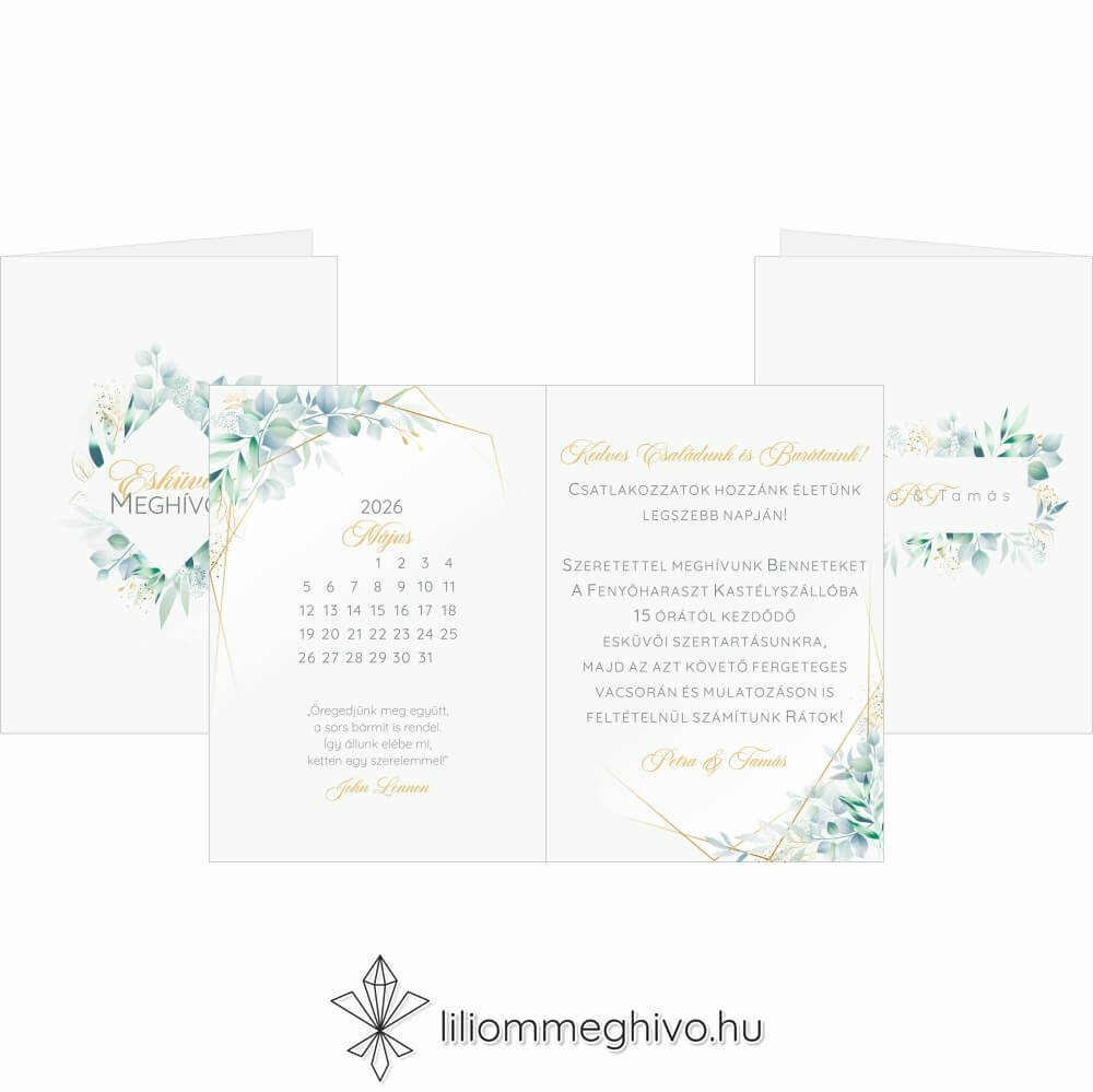 Eukaliptusz esküvői meghívó arany és greenery grafikával, négyoldalas