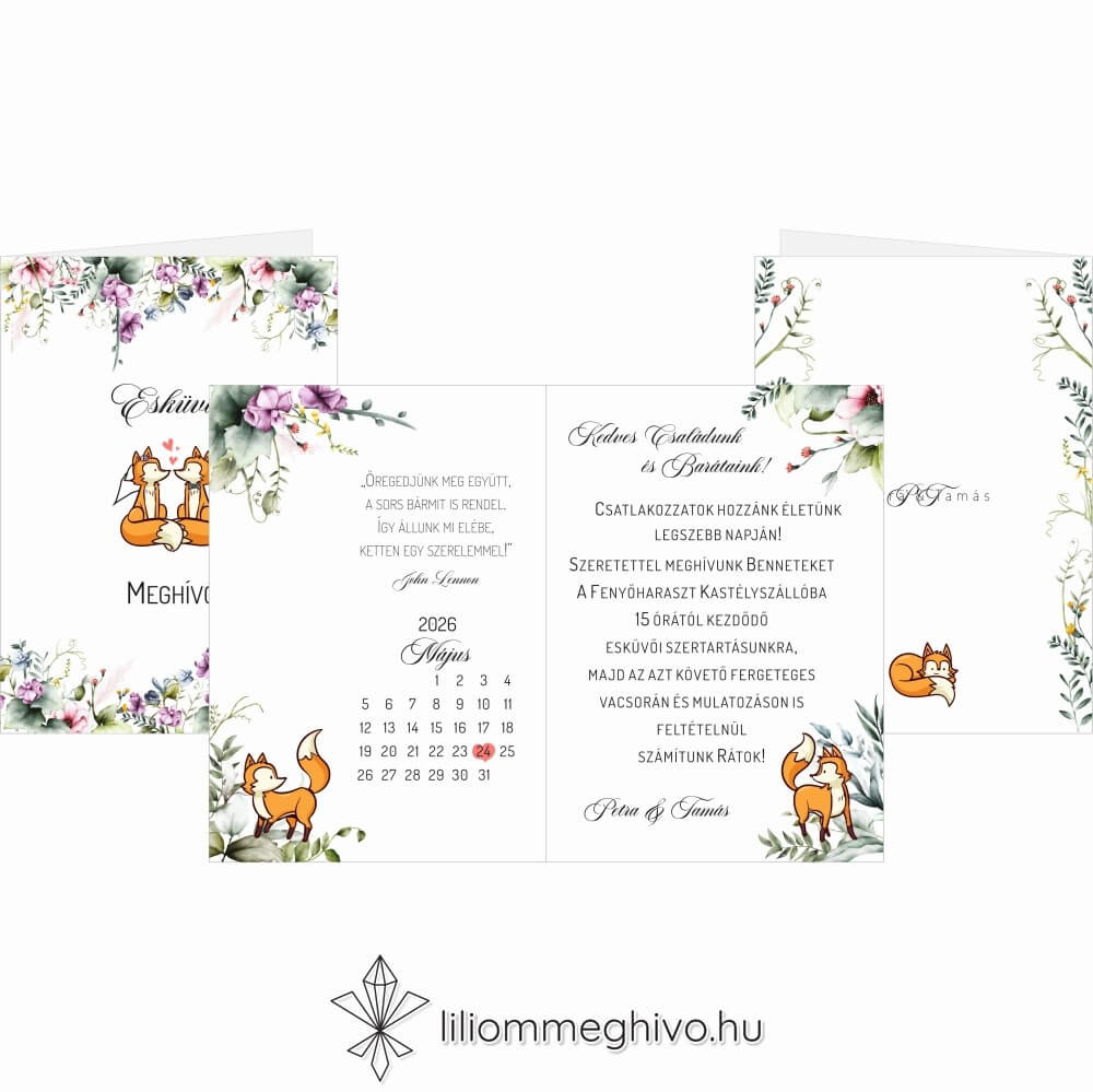 eskuvoi-meghivo-negyoldalas-roka-liliommeghivo Róka esküvői meghívó virágos és rókás grafikával, négyoldalas