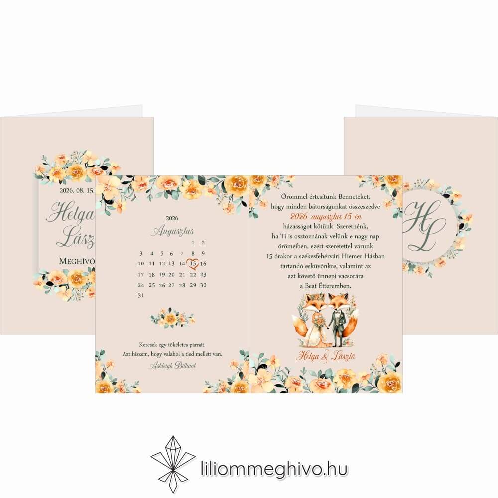eskuvoi-meghivo-negyoldalas-rokapar-liliommeghivo Róka esküvői meghívó virágos és rókás grafikával, négyoldalas