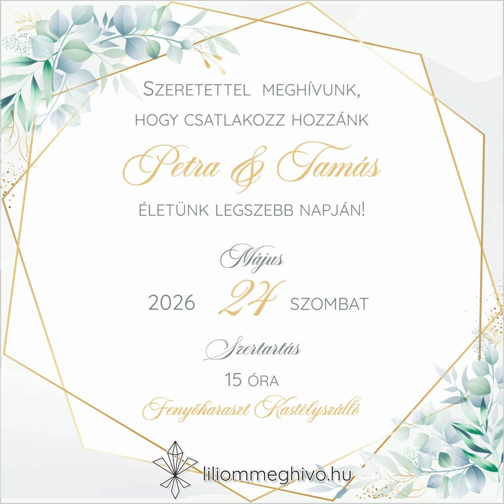 Eukaliptusz esküvői meghívó arany és greenery grafikával, négyzetes