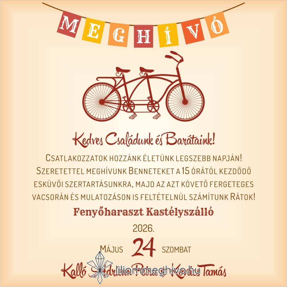 Két keréken esküvői meghívó, retro biciklis grafikával négyzetes