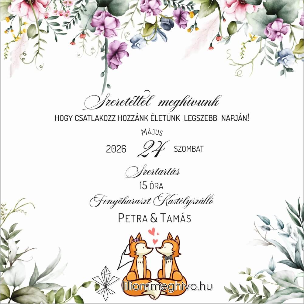 eskuvoi-meghivo-negyzetes-roka-liliommeghivo Róka esküvői meghívó virágos és rókás grafikával, négyzetes