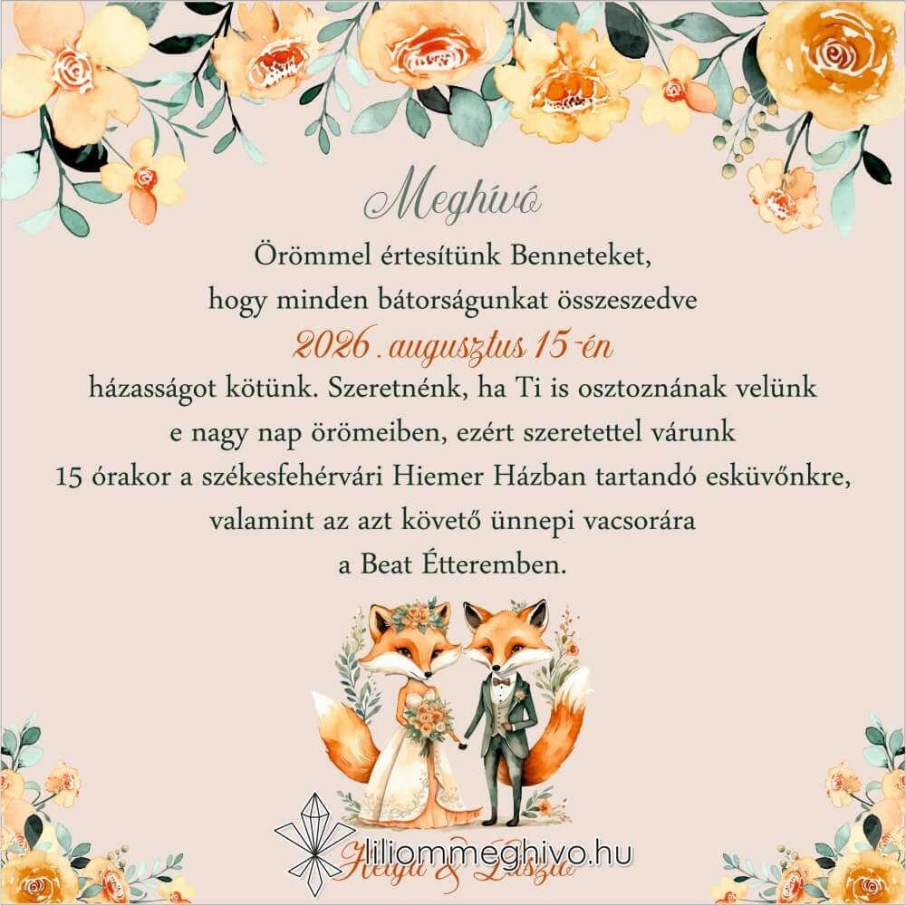 eskuvoi-meghivo-negyzetes-rokapar-liliommeghivo Róka esküvői meghívó virágos és rókás grafikával, négyzetes
