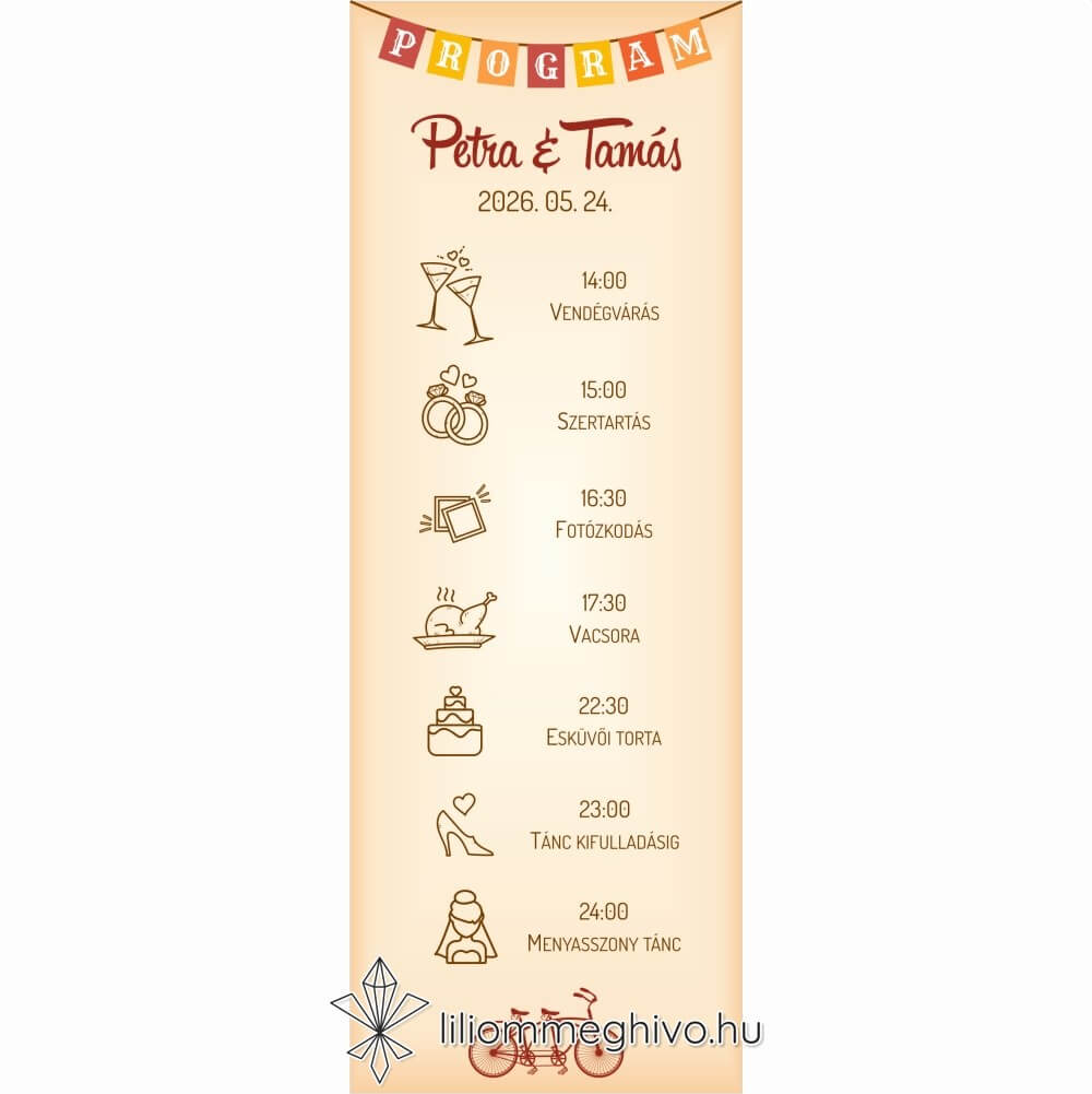 Két keréken esküvői programkártya, retro biciklis grafikával, egyoldalas