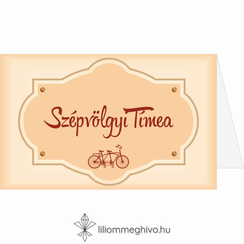 Két keréken esküvői ültetőkártya, retro biciklis grafikával, kétoldalas