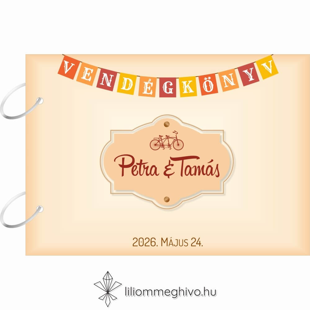 Két keréken esküvői vendégkönyv, retro biciklis grafikával