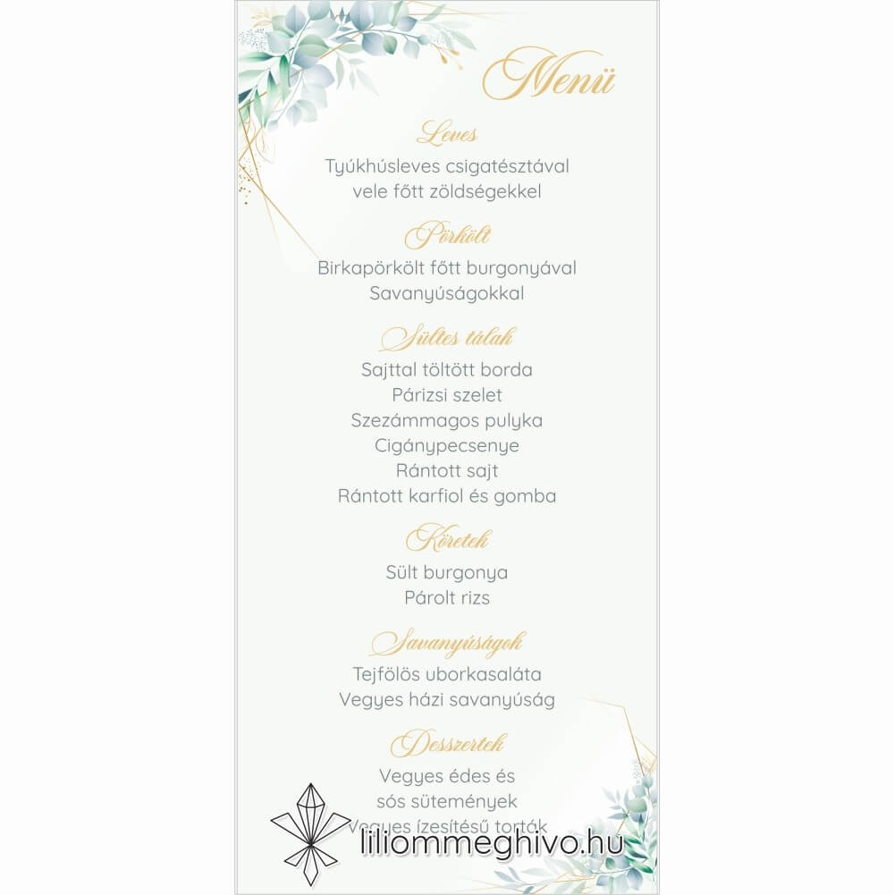 Eukaliptusz esküvői menükártya arany és greenery grafikával, egyoldalas