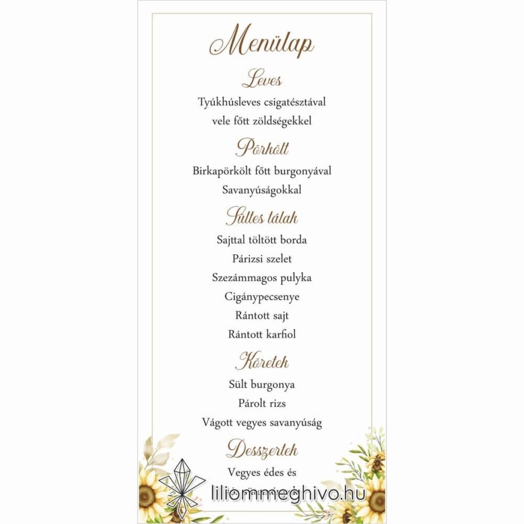 Napraforgó csokor esküvői menükártya sárga virágos grafikával, egyoldalas