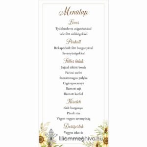 Napraforgó csokor esküvői menükártya sárga virágos grafikával, egyoldalas